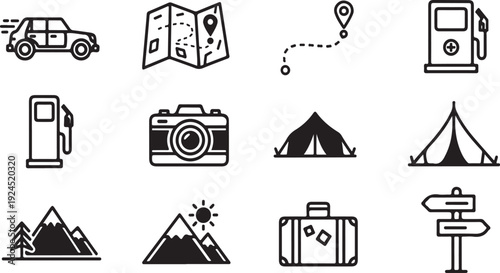 Collection of travel and adventure icons representing various activities and items Vector