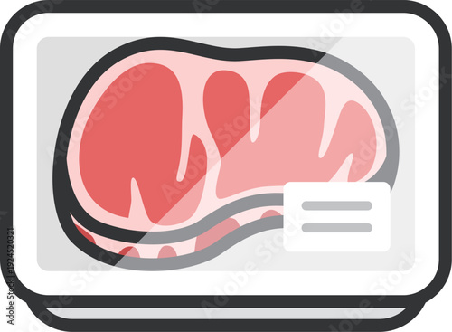 スーパーのパックに入った、ステーキ肉のアイコン（線画カラー）のイラスト