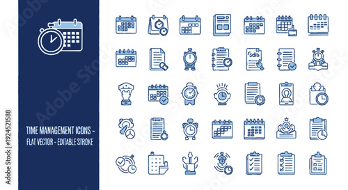 Time management icons set with calendar clock and task list symbols for productivity and organization