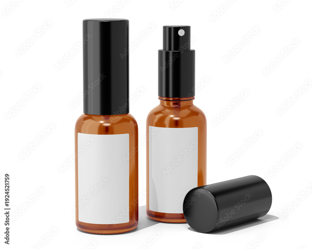 Obraz premium Blank amber small spray bottle with black cap and blank label isolated on transparent background, Prepared For Mockup, 3D Render.