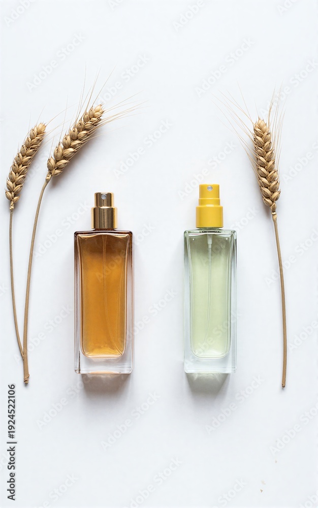 Fototapeta premium Two perfume bottles beside wheat stalks on white background. Minimalist, elegant composition.