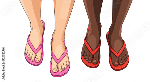 Feet wearing flip-flops, a close-up perspective of two pairs of feet, showcasing different skin tones and vibrant flip-flop colors