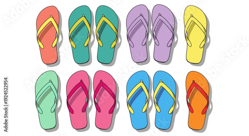 Colorful collection of flip-flops arranged in two rows on a white background, perfect for summer and beach themes