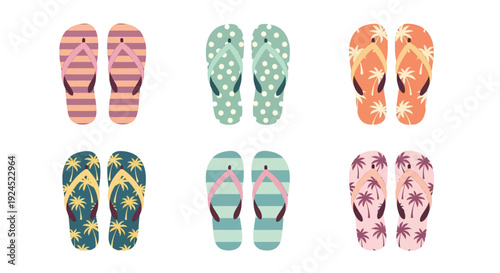 A set of six colorful flip-flops with different patterns, including stripes, polka dots, and palm trees, arranged in two rows of three