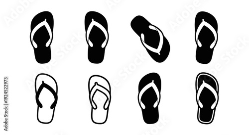 Set of black and white outline and filled flip-flop sandal icons arranged in two rows on a white background, perfect for summer and beach themes