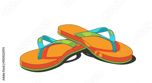 A pair of bright orange and turquoise flip-flops with green and red trim, casting a subtle shadow on a white background