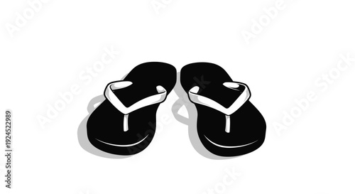 A pair of black flip-flops casting a shadow against a white background, evoking summer vacation and beach vibes