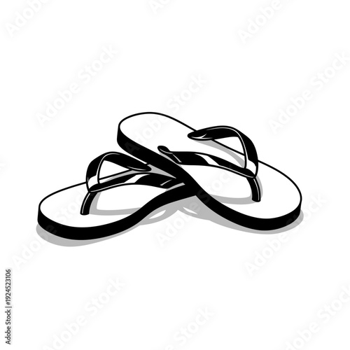 A pair of simple white flip-flops with black straps, resting on a white background, perfect for summer and beach themes