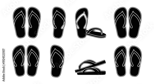 Collection of black flip-flops in various orientations, showcasing summer footwear and casual style