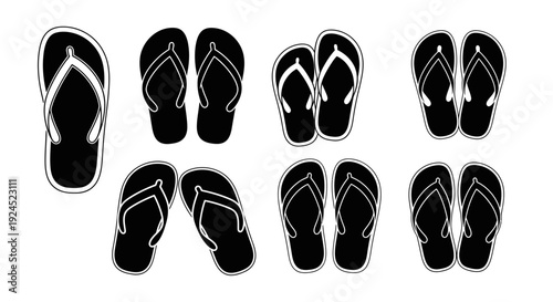 Collection of Black and White Flip Flops Icons Representing Summer Footwear and Casual Style