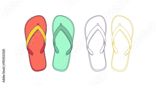A selection of colorful and outline flip-flop sandals on a white background, perfect for summer themes