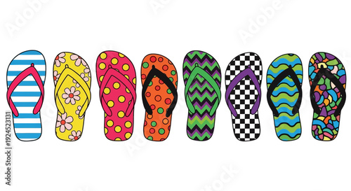 A delightful array of colorful flip-flops arranged in a vibrant and playful line, perfect for summer and beach vibes