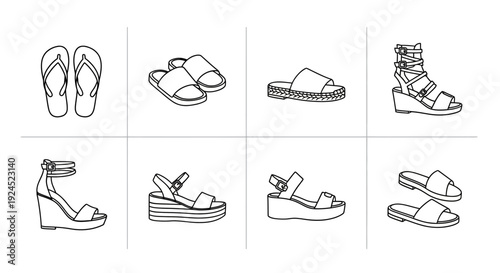 Collection of summer footwear for women, including flip-flops, slides, and sandals