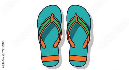 A pair of teal flip-flops with orange and green straps, perfect for beachwear or casual summer days