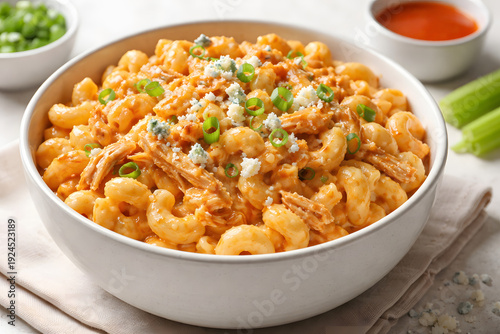 Buffalo Chicken Mac And Cheese Served In Modern Ceramic Bowl With Editorial Clean Styling