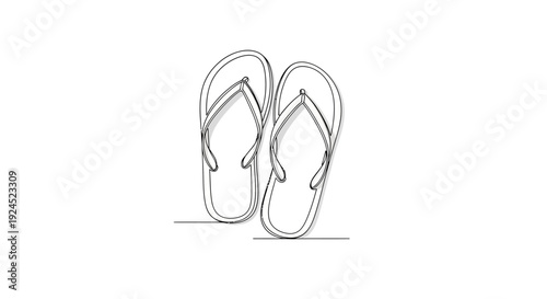 A minimalist continuous line drawing of a pair of flip-flops on a white background