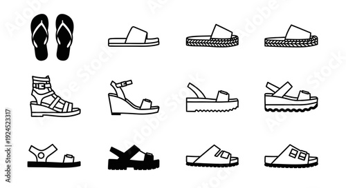 A Collection of Diverse Summer Footwear Styles, Featuring Sandals and Flip-flops for Various Occasions