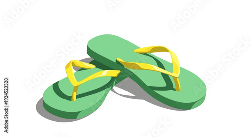 A pair of green flip-flops with yellow straps, casting a distinct shadow on a white background, perfect for summer and beach themes