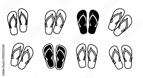 Collection of black and white flip-flops illustrations, symbolizing summer and beach footwear