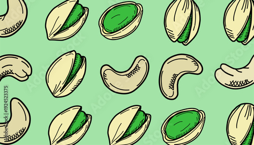 Mixed Nuts Seamless Pattern. Cashew pattern.Pistachio background Illustration. Hand Drawn Outline Vector. Repeating Food Background Design.