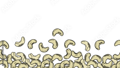 Cashew background pattern. Frame Hand Drawn Nut Illustration. Minimal Outline Vector. Frame and Background Design.