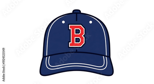 Stylized vector illustration of a classic dark blue baseball cap featuring a bold red letter B on the front, ideal for sports, casual wear, or team branding designs