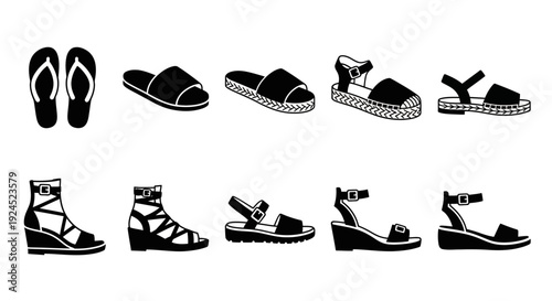 Collection of Black and White Footwear Icons Sandals, Flip-flops, and Slides