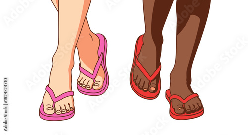 A Close-up View of Two Pairs of Feet Wearing Flip-Flops, One Pink and One Red, Against a White Background