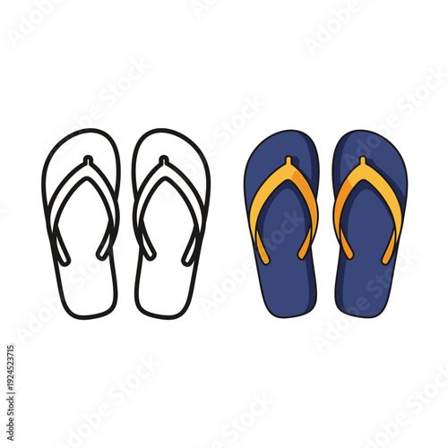 A pair of blue flip-flops with yellow straps next to a black and white outline of flip-flops on a white background