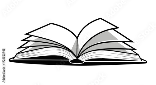 An open book with several pages fanned out, symbolizing knowledge, education, and storytelling in a simple black and white illustration