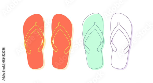 Summer footwear collection orange and mint green flip-flops with a white outline, perfect for beach days and casual outings
