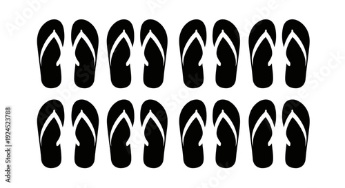 Collection of black flip-flops laid out in two rows on a white background, perfect for summer fashion and beachwear concepts
