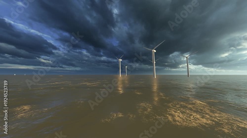Offshore wind turbines stand tall against a dramatic stormy sky over the ocean.
