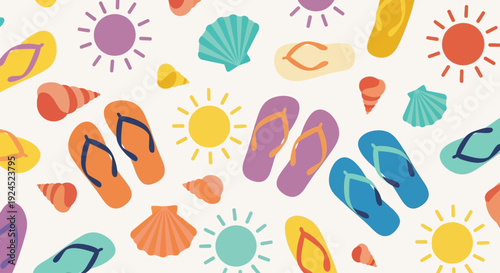 Summer beach pattern with colorful flip-flops, seashells, and sun icons on a white background