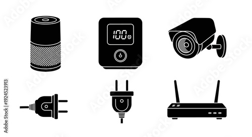 Set of black smart home technology vector icons including speaker camera router and plugs