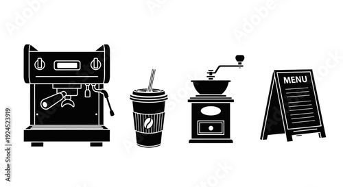 Set of coffee shop equipment icons featuring espresso machine grinder cup and menu board