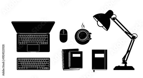 Set of office workspace icons including laptop keyboard lamp coffee and notebooks
