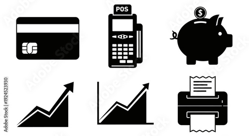 Set of black finance and banking icons including credit card pos terminal and piggy bank