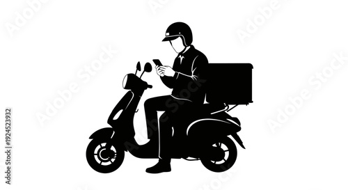 Silhouette of delivery courier on scooter looking at smartphone map for navigation