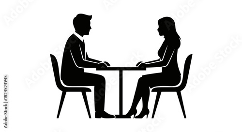 Silhouette of man and woman sitting at table facing each other for date or meeting