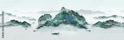 Blue-Green Chinese Shan Shui Painting with Willow Branches in Spring