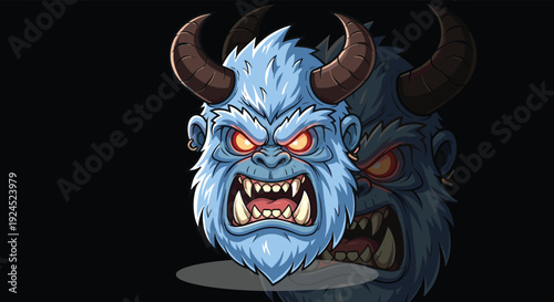 Fierce blue yeti monster mascot with horns and glowing eyes, aggressive snow beast vector illustration, mythical creature for gaming logo.