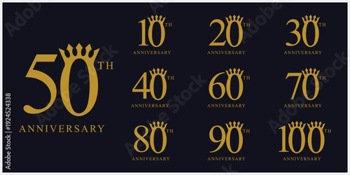 Collection of anniversary 10 to 100 logo design. Celebration day crown queen king royal symbol icon concept