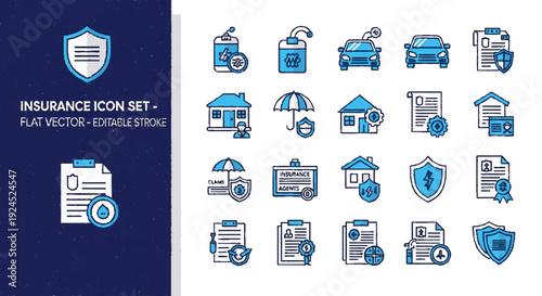 Collection of blue insurance icons including vehicles homes documents and protection symbols on a dark blue and white background