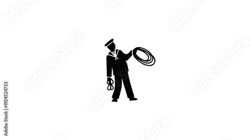 Silhouette of a sailor holding a rope.