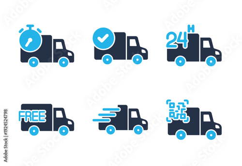 24h Delivery Service and Free Shipping icon set. Solid glyph series icons