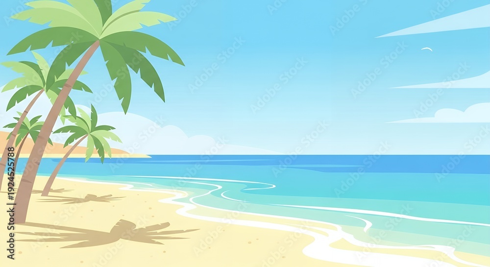 Obraz premium A serene beach scene with palm trees and calm ocean waves on a sunny day