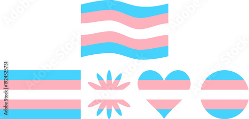 Graphic set of the transgender pride flag in multiple geometric styles, with wavy banner, hearts, stars and round icons, in a light blue, pink and white color palette for trans visibility