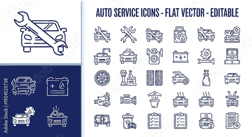Auto service icons collection flat vector editable graphics car maintenance symbols automotive repair tools and service station elements