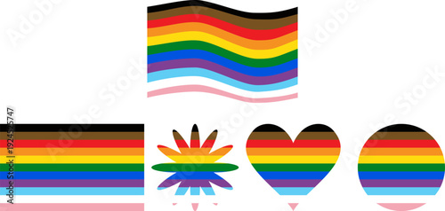 A collection of Progress Pride flags featuring various geometric shapes, including hearts, stars, circles, and wavy variations. A professional graphic set representing universal LGBTQ+ inclusion 
